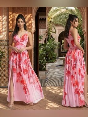 DRESS THE POPULATION Pink and Red Floral Alyssa Dress Large NWT reg. $298